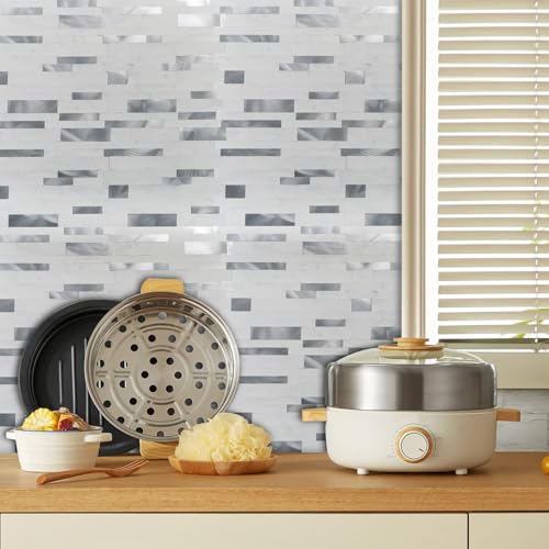 10 Sheets Peel and Stick Backsplash Tile for Kitchen, Self-Adhesive Mosaic Tile, Stick on Bathroom Vanities,Fireplace Décor, Laundry Table (White + Silver) - color: White + Silver