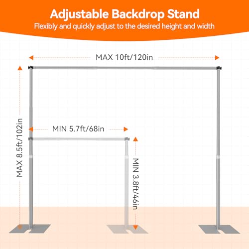 Heavy Duty Backdrop Stand, 8.5ft x 10ft Pipe and Drape Backdrop Stand Kit with Metal Flat Base, Adjustable Background Support System for Wedding Party Birthday Photoshoot Decoration - Silver - color: Silver, size: 8.5x10ft
