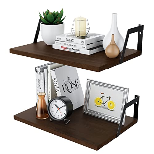 SRIWATANA Floating Shelves Wall Mounted Set of 2 Rustic Wood Shelves with Large Capacity(Dark Walnut) - color: Dark Walnut