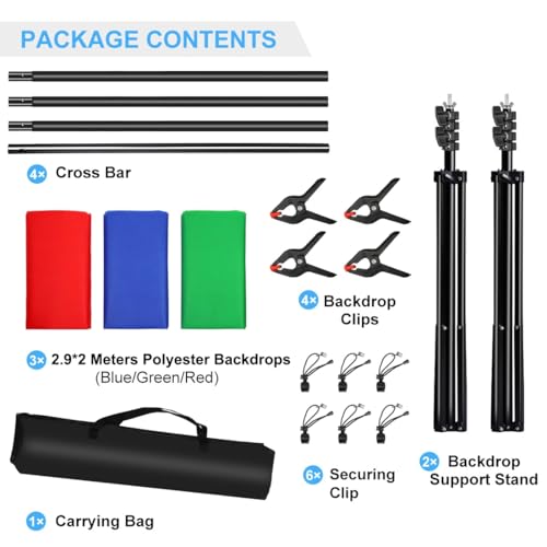 PULUZ Photo Background Support System with 9.5x6.5ft/300x200cm Backdrop Stand Kit, Portable greenscreen Background and Blue Red Backdrop for Photography, Video Shooting, Live Streaming, Party - size: 9.5x6.5 Ft Backdrop Kit