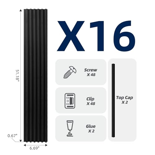 Art3dwallpanels 16 Pack Wood Slat Wall Paneling 51"×6.7" Sound Absorbing 3D Wall Panels for Living Room TV Background Home Office Decor, Black - color: Black, size: 51'' x 6.7'' , 16 Pack