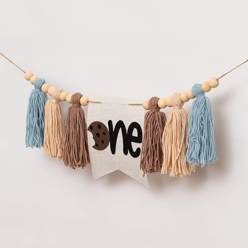 Upfirst Cookies One Highchair Banner - Cookies Sign Tassel Banner, Milk and Cookies First Birthday Decorations for Anniversary Photo Background Props - color: Cookie Tassel