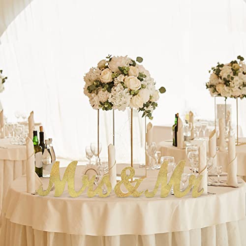 Mr & Mrs Signs Rustic Wooden Freestanding Letters - Anniversary & Wedding Decoration, Golden Flower Pads - color: Golden with flower pads
