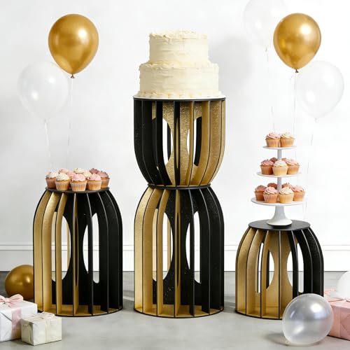 4PCS Cylinder Stands for Party, Black Golden Cylinder Pedestal Stand, Cilindros Para Fiestas Cake Table Stand for Parties Plant Stand Cylinder Tables for Parties Round Cylinder Stands for Party - color: Black Golden