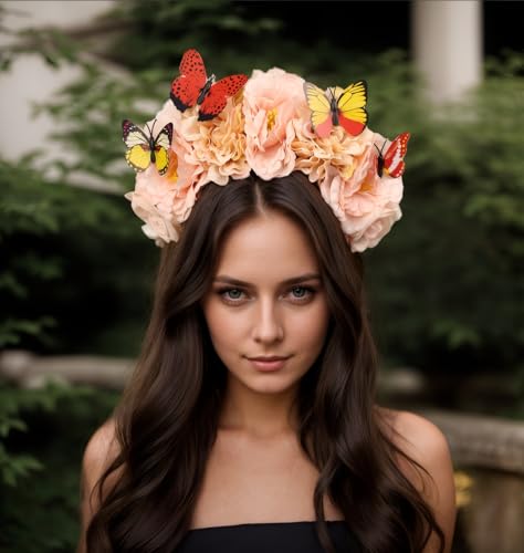 Elegant Butterfly Flower Headband for Women Boho Handmade Rose Floral Crown Wedding Bridal Festivals Cosplay Prom Photo Props Headpiece (B4 pink, Adjustable) - color: B4 pink