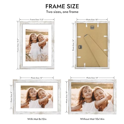 Hongkee 10x14 Picture Frame with Real Glass - 8x12 Wooden Frame with Mat, Horizontal and Vertical Display for Wall or Tabletop (Distressed White, 1 Pack) - color: Distressed White, size: 10X14 in