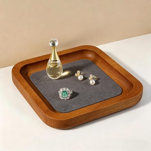 Wooden Jewelry Display Tray Rounded Rectangle Ring Showcase Stackable Elegant Bracelet Watch Jewelry Organizer for Personal Use and Commerce (Gray, Small-W 3.9'' x H 0.6'' x L 3.9'') - color: Gray, size: Small-W 3.9'' x H 0.6'' x L 3.9''