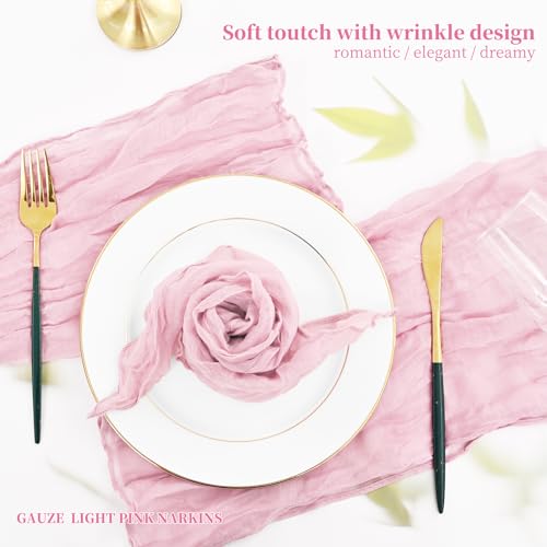 42 Pcs Light Pink Gauze Cheesecloth Napkins, 20 x 20 Inch Wrinkled Rustic Boho Dinner Napkins for Wedding,Dinner,Family Everyday Use/Parties - color: Light Pink, size: 20" x 20" (Set of 42)