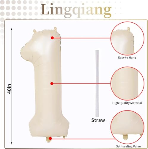 40 Inch Beige Number 1 Balloon for 1st Birthday Decoration, Large Self Inflating Cream Foil Number Balloons 0-9 for Boys Girls, White Sand 1 Helium Balloons for Women Men Party Anniversary Supplies - color: Cream, size: Number 1