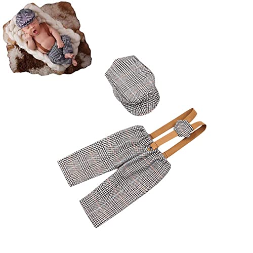 Newborn Monthly Baby Photo Props Stripe Checked Flat Cap Newsboy Suspender Pants Romper for Photography Outfits - color: Middle Gray