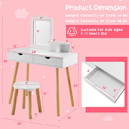 Costzon Kids Vanity Set, Girls Vanity Set with Mirror and Stool, 2 Large Drawers, Storage Shelf, Wooden Princess Makeup Dressing Table, Pretend Play Vanity Table and Chair Set for Toddlers, White - style: White with Square Mirror