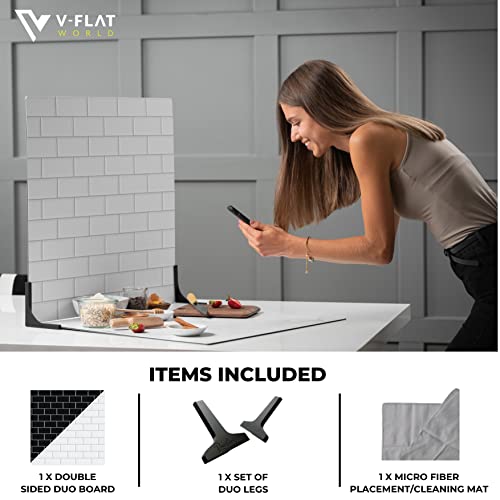 V-FLAT WORLD Duo Board Product Photography Backdrops - 2-Sided Background for Photos, Item & Food Photography Background - Includes 2 Legs & Mat - 24" x 24", White Subway Tile/Ebony Subway Tile - color: White Subway Tile/Ebony Subway Tile, size: 24 x 24 i