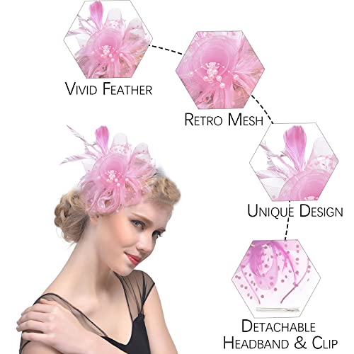 Fascinators Hats with Gloves Set for Women 20s 50s Cocktail Tea Party Wedding Costume Headwear - color: B-pink