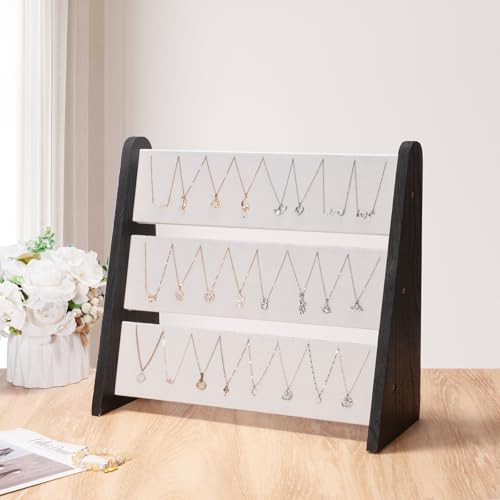 Necklace Holder 3 Tier Wood Necklace Organizer Stand with White Velvet, Necklace Display Stand for Selling, Chain Necklace Holder Rack for Show, 72 Necklaces Bracelets - style: Black Side Panels-White