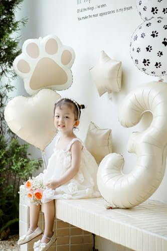 3rd Birthday Dog Paw Balloons Set,18'' Paw Prints, Heart,Star,Paw Shaped Foil Balloon 40 Inch Cream Number 3 Helium balloons for Puppy Themed Third Anniversary Birthday Party Decorations Supplies 6PCS - color: Cream-3