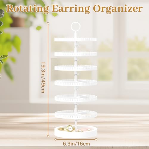 MODOWEY 6 Tier Rotating Earring Holder Organizer Display Tree with Wooden Tray, Adjustable Plastic Stand with 342 Slots for Stud Hoop Hanger, Large Capacity Storage Rack for Women Space Saving, White - color: Classic White