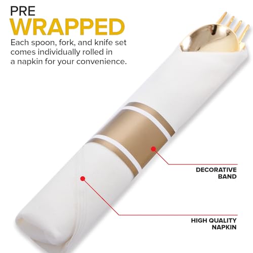 50Guests Pre Rolled Gold Plastic Silverware Sets - Heavy Duty Gold Cutlery - Include 50 Pack Wrapped Disposable Utensils with Napkins for Parties, Dinners & Weddings - color: 50Pack - Gold