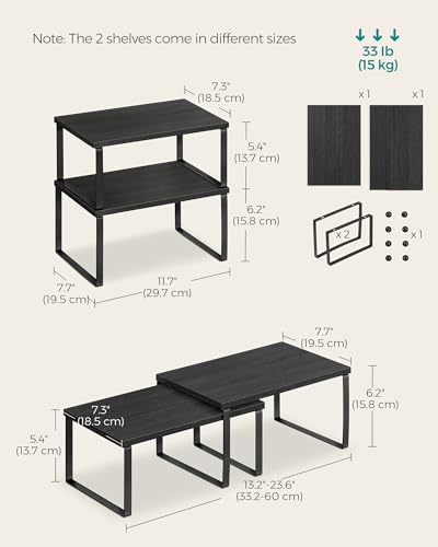 SONGMICS Cabinet Organizer Shelf, Set of 2 Kitchen Counter Shelves, Kitchen Storage, Spice Rack, Stackable, Expandable, Metal and Engineered Wood, Ink Black and Charcoal Black UKCS02B01 - color: Ink Black + Charcoal Black, size: 11.7"W