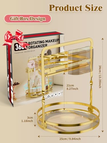 360 Rotating Makeup Organizer for Vanity, Gold Perfume Organizer, 2-Tier Lazy Susan for Bathroom Counter Organizer, Large Spinning Skincare Dresser Storage with Brush Holder & Jewelry Hooks - color: Gold