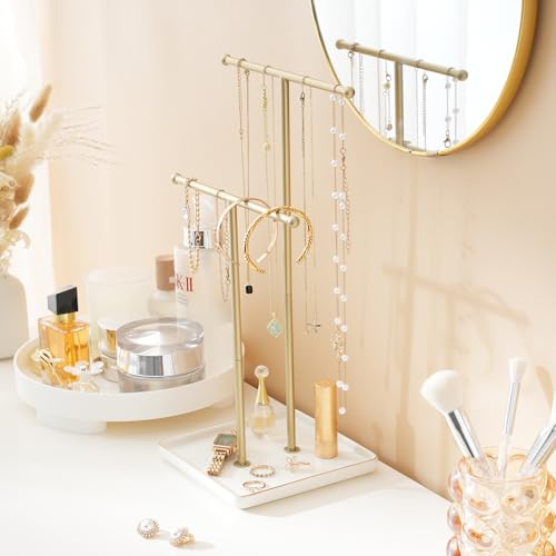 Lolalet Necklace Holder, Jewelry Display Stand with Ceramic Base Tray Jewelry Organizer Tree for Necklaces Bracelets Earrings Rings -White, 2 Tiers - color: White, size: 2 Tiers