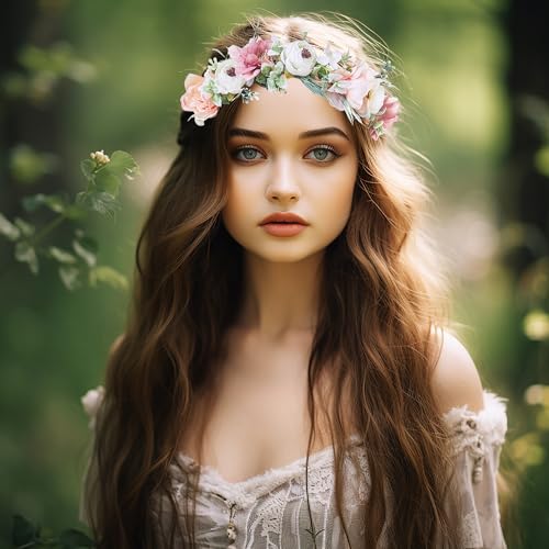 Women Flower Crown Bridal Floral Headband Flower Halo Floral Crown Wedding Party Cosplay Halloween Photos - color: beige and pink