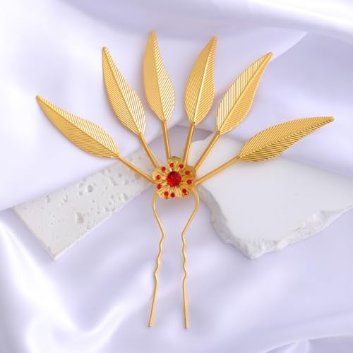 Lureme Thai Ethnic Hairpieces Alloy Leaf Hairpin with Rhinestones Hair Accessories for Women(hb000015-1) - color: gold with red strass