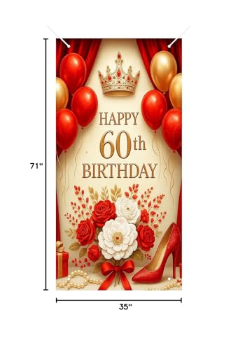 HOMETITUTE 60th Birthday Door Cover 71x35 Inch Red and Gold Birthday Banner for Women Party Decorations Elegant High Heels Flowers Crown Backdrop Sign Cake Table Props - color: Red Flower Balloons