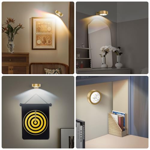 EUIOKUN 3Pack Wireless Picture Light,Battery Operated Painting Light with Remote,Magnetic Timer Display Art Lamp for Wall,Dimmable Picture Frame Light for Frame Artwork,Wall Decor Puck Lights-Gold - color: Gold, size: 3Pack