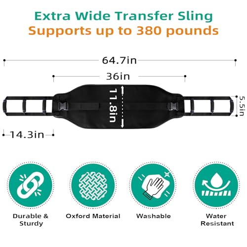 Transfer Sling, Gait Belt Transfer Belt with Padded Handles for Patient Lift Assist & Mobility Standing - Safely Move Elderly and Disabled from Bed and Wheelchair - color: Black