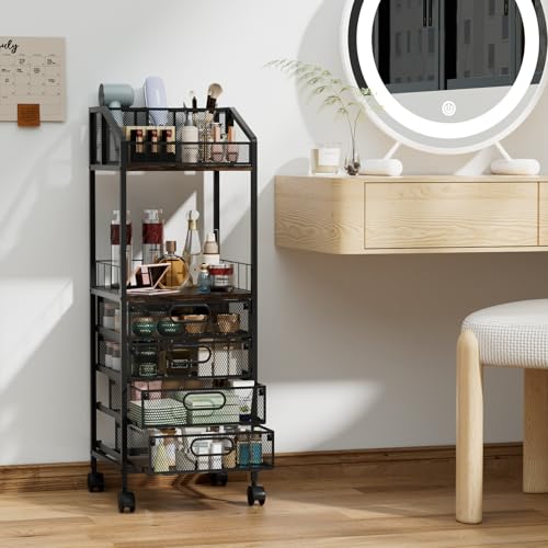 HapiRm Makeup Organizer Storage Cart - Floor Skincare Make Up Storage with 4 Drawers, Rolling Makeup Cart Vanity Organizer Cosmetics Display Cases Holder for Skin Care Perfume Nail Polish - color: Espresso