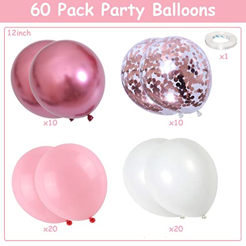 60PCS Pink and White Balloons, 12Inch Baby Light Pink White Party Balloon Set with Metallic Red Balloons, Rose Gold Confetti Helium Latex Balloons for Girls Birthday Baby Shower Wedding Decorations - color: Pink White