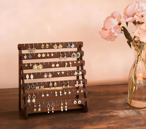Earring Display Stand, 7 Tier Thin Wood Earring Organizer Stand, Earring Holder for Selling for Vendors, Brown