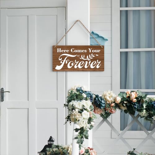 Rustic Wedding Signs Here Comes Your Forever, Ring Bearer Sign, Wedding Decor Weddings Stuff Engagement Decorations 12x6 Inches (Brown) - color: Here Comes Your Forever