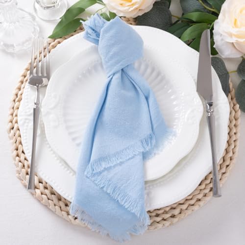 DeZerlor 6 Pack Baby Blue Cotton Linen Napkins with Fringe Summer Cloth Napkins Set of 6 Boho Handmade Dinner Napkins Bulk for Wedding Bridal Baby Shower Parties, 17 x 17 Inches - color: Sky Blue, size: 17" x 17" (Set of 6)