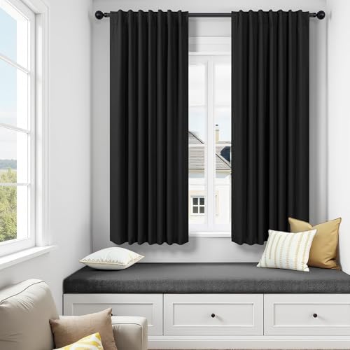 Linen Black Out Curtains 45 Inch Long 2 Panels Burg for Bedroom Windows Back Tab Heat Blocking Room Darkening Insulated Kitchen 40 Soundproof Half Block Dark Short Length Curtain Bathroom Van Garage - color: Black, size: 52"W x 45"L (Pack of 2)