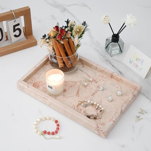 Marble Bathroom Tray,Pure Natural Vanity Tray,Marble Trays for Kitchen Counter Non-Ceramic/Non-Resin,Stone Tray 12 x 8 inch (Pink) - color: Pink