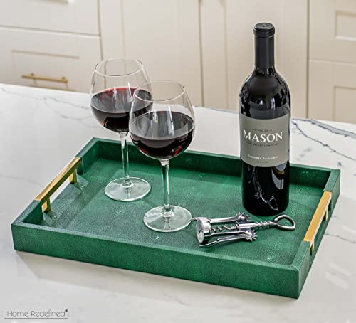Modern Elegant 17.5"x12" Rectangle Emerald Green Shagreen Faux Leather Decorative Tray Ottoman Coffee Table Perfume Living Room Kitchen Serving Tray with Gold Polished Metal Handles for All Occasion's - color: Emerald Green/Gold
