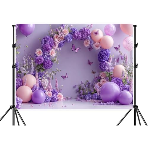 7x5ft Purple Floral Backdrop Lavender Dreamscape Arch Backdrops Flowers Butterfly Balloons Photography Background for Weeding Bridal Birthday Party Baby Shower Backdrop Banner Photo Shoot Props - color: Purple Pink-01, size: 7X5FT