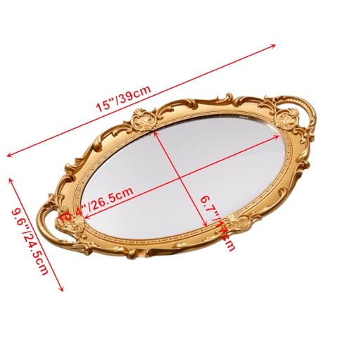 Bitray Gold Decorative Mirror Tray 15" x 9.6" Oval Shape Mirror Dish for Perfume Organizer Jewelry Dresser Organizer Vintage Display Serving Tray Vanity Tray