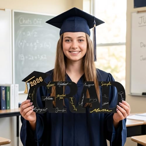 Graduation Decorations 2026, Wood Graduation Guestbook Sign Set with White Gold Signature Pen, 2026 Grad Signature Board with Grad Cap Photo Props for High School College Grad Party Decoration - color: Black Graduate
