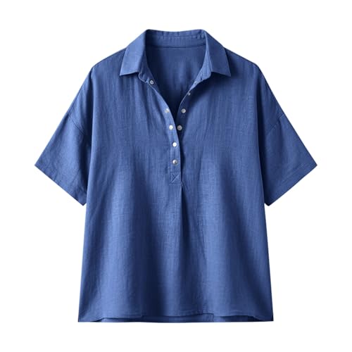 Cotton Linen Shirts for Women 2026 Summer Gauze Shirts Button Down V Neck Half Sleeve Blouses Dressy Casual Clothes - color: Blue, size: Large