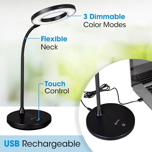 OttLite Vibe LED Ring Light, Rechargeable and Portable, 3 Color Temperatures, Book Light, Table Lamp Reading, Work, Desk Lamp for Home Office or Bedside - color: Black Desk Light