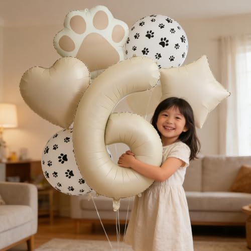 6th Birthday Dog Paw Balloons Set,18'' Paw Prints, Heart,Star,Paw Shaped Foil Balloon 40 Inch Cream Number 6 Helium balloons for Puppy Themed Third Anniversary Birthday Party Decorations Supplies 6PCS - color: Cream-6