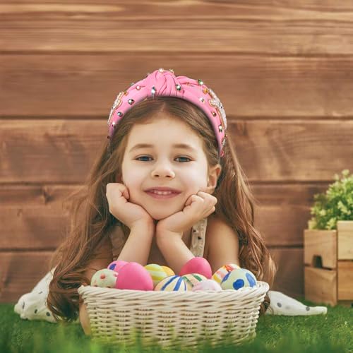 NVENF Easter Headbands for Women Beaded Easter Rabbit Bunny Headband White Pink Crystal Pearl Knotted Hairband Happy Accessories Spring Holiday Headwear Outfits Gifts (Bunny B - Pink) - color: Bunny B - Pink