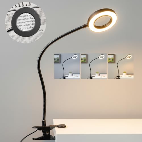 LALISU Clip on Lamp, 5X Magnifying Glass with Light LED Desk Lamp with Clamp Bright Clip Light for Bed Bedside Table, Adjustable Reading Light for Bed, Desk Lights (Black with Magnifying) - color: Black with magnifying