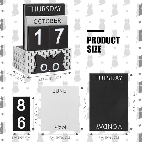 AceOrbit Cat Wood Block Perpetual Calendar Coquettish Desk Decor Cute Month Week Date Display Decorative Block Calendar for Women Office Home Desk Gift for Women