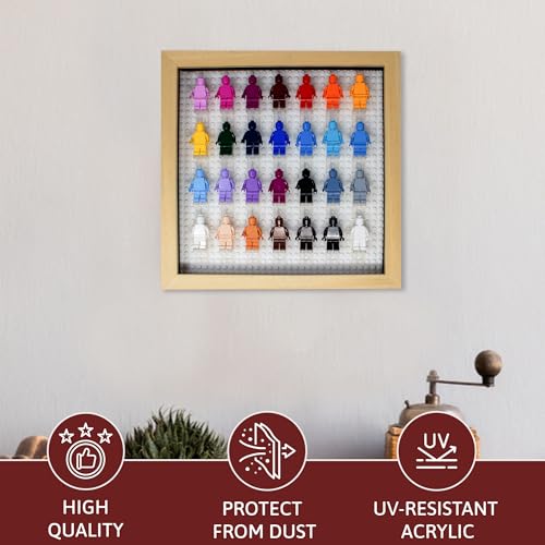 Figurine Display Case 10x10 Natural Shadow Box for Miniature Figures 10x10 Natural Wood Shadow Box with White Base to Display Up to 28 Block Figures - color: Natural With White Backing, size: 10x10