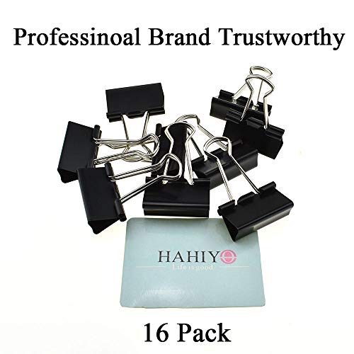 HAHIYO Binder Clips Paper Clamps Spring Steel Sturdy Medium 1.26 inches Width 0.45 Inch Capacity No Sharp Edges Heavy Duty Tight Grip Reusable Black Metal Bright Finish for Home Office School 16 Pack - size: 1.26in-16P