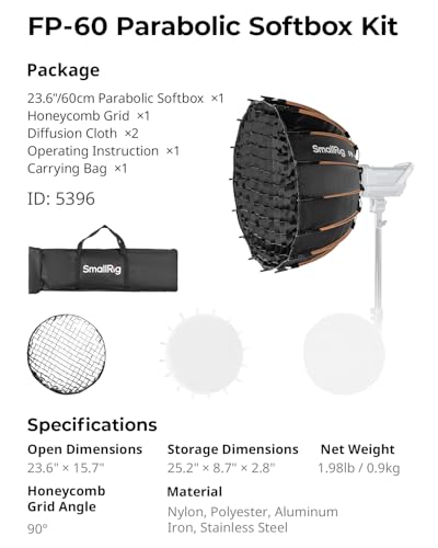 SmallRig FP-60 23.6" Parabolic Softbox with Bowens Mount for Studio Photography, Quick Release Soft Box with Honeycomb Grid, Diffusers, for SMALLRIG RC 220 pro, for Neewer for Godox for Aputure - 5396 - size: 23.6 inches (Black)