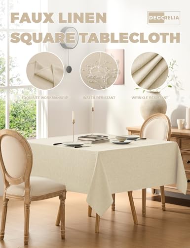 Decorelia Faux Linen Square Tablecloth for Dining Room,Waterproof Texture Decorative Farmhouse Rustic Table Cloth for Indoor Outdoor Party, Holiday, Banquet Picnics, Patio,52 x 52 Inch (Square),Beige - color: Beige, size: 52" x 52" (Square)